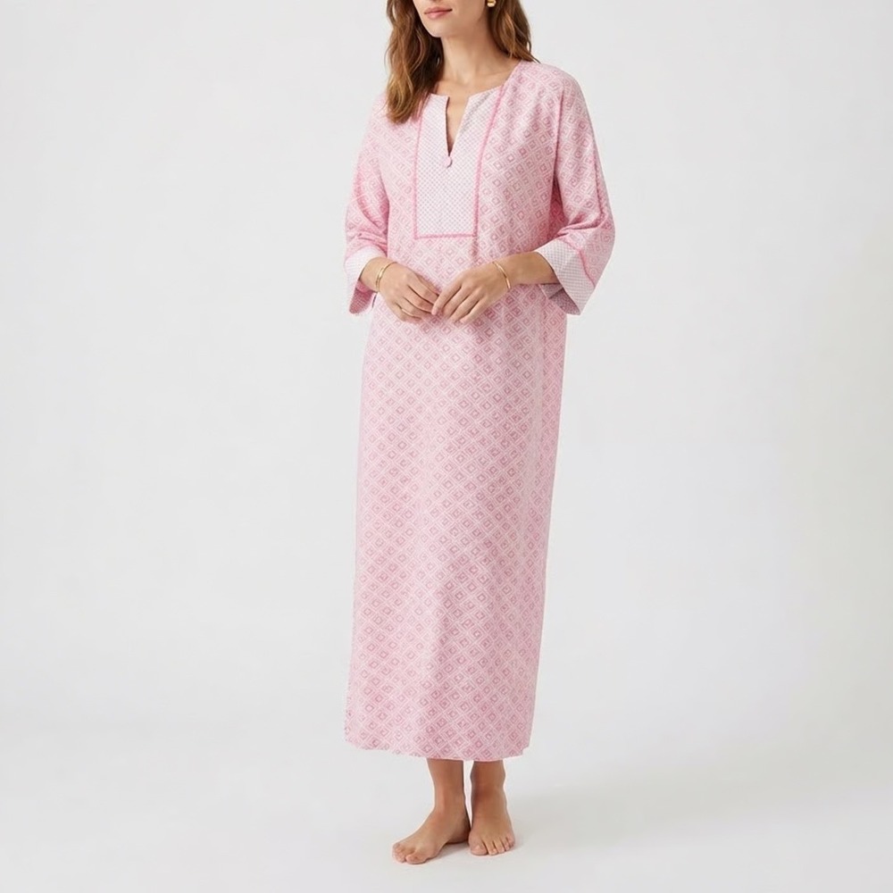 Stan Herman Pink Geometric Diamond Caftan Lounger Zip V-Neck 1X